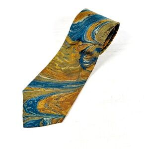 Vintage Park Lane Silk Tie‎ Style Made  Italy Marble Swirl Artistic Blue Gold
